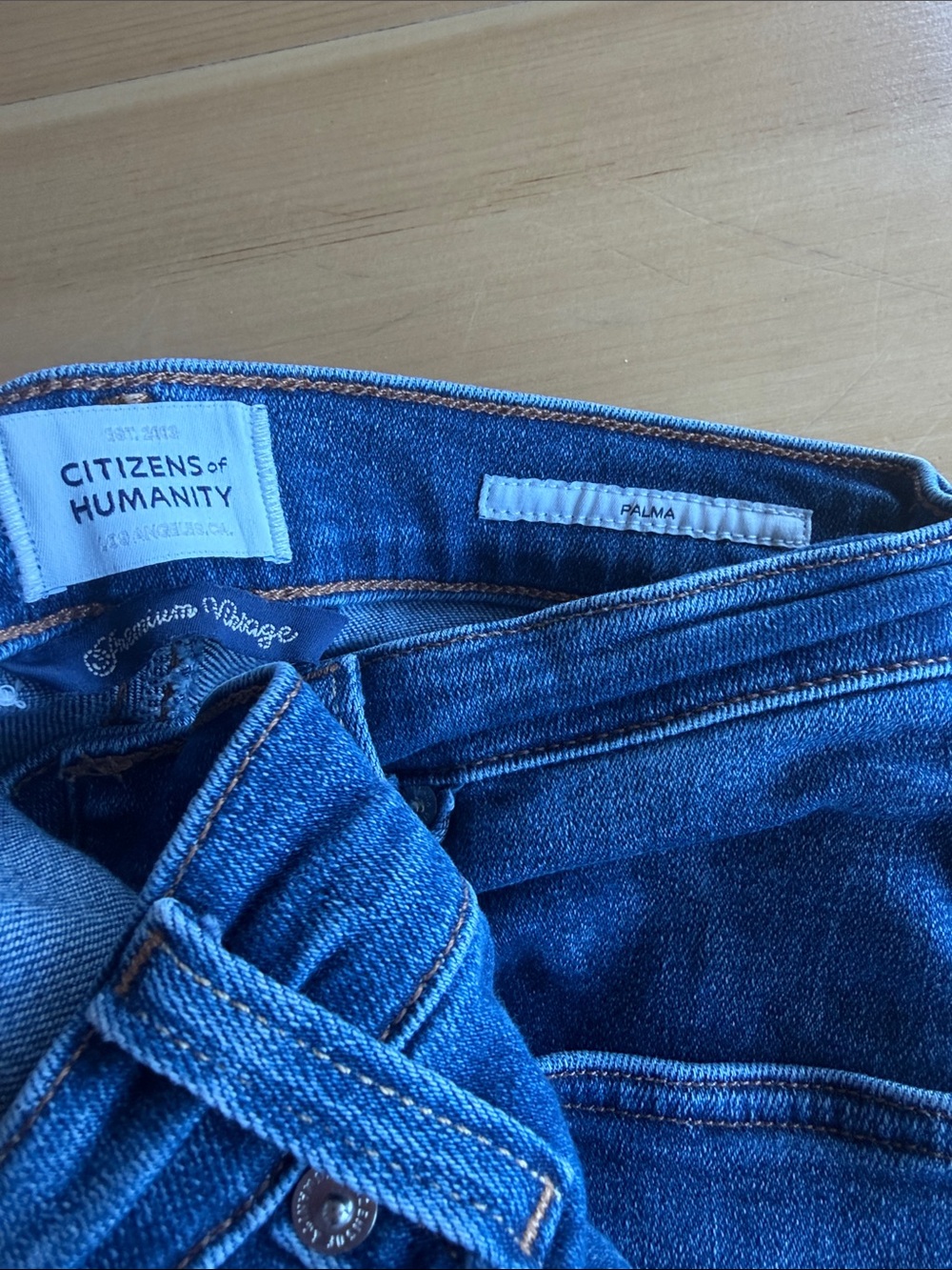 Citizens Of Humanity Medium Blue Straight Leg Jeans with Cream Patch